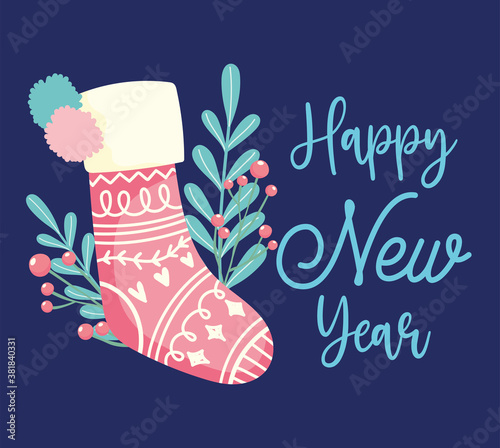 happy new year, red stocking holly branch celebration party, floral design for card