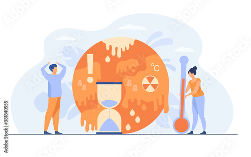 Tiny people near planet with melting poles isolated flat vector illustration. Danger of temperature rising and greenhouse effect anomaly. Climate change and hot weather concept