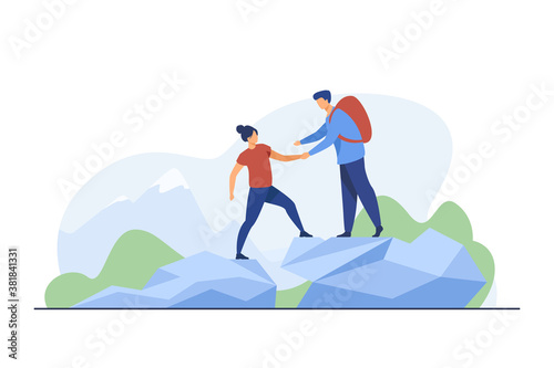 Two tourists hiking in mountains. Travel, backpack, nature flat vector illustration. Vacation and summer activity concept for banner, website design or landing web page