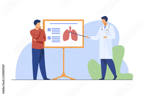 Doctor telling about lungs to patient. Lecture, disease, respiration flat vector illustration. Medicine and healthcare concept for banner, website design or landing web page