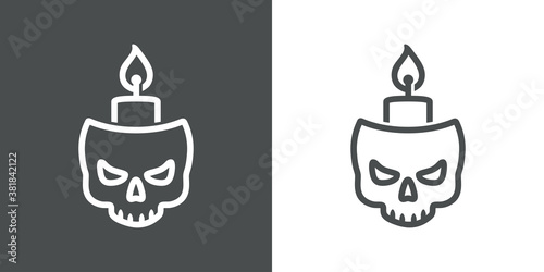 Decoración de Halloween. Logotipo lineal calavera con vela encendida en fondo gris y fondo blanco