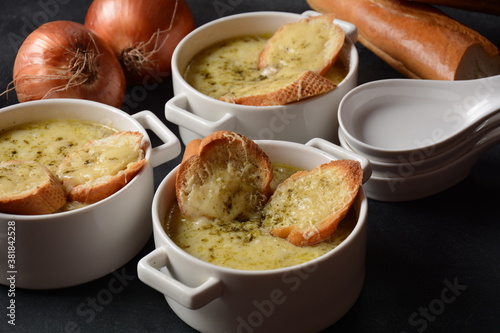 French Onion Soup with toasted bread and cheddar cheese