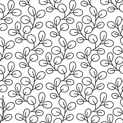 Leaves seamless pattern. Floral background. Black and white abstract background. Vector illustration. Repeating texture. Modern ornament in style line art. Design textile, paper, wallpaper, cloth.