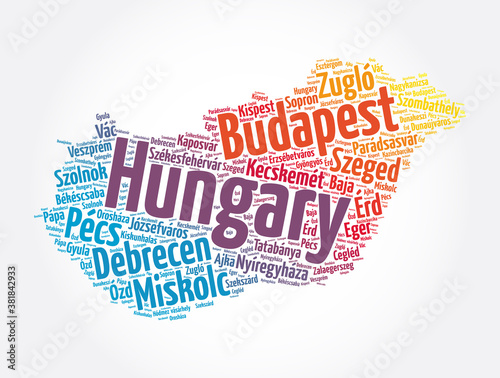 List of cities and towns in Hungary, map word cloud collage, business and travel concept background