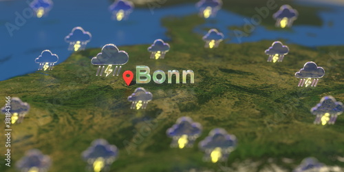 Bonn city and stormy weather icon on the map, weather forecast related 3D rendering