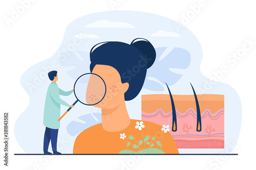 Tiny dermatologist examining dry face skin flat vector illustration. Abstract epidermis disease diagnostics or treatment. Dermatology, health medical protection and cosmetology concept