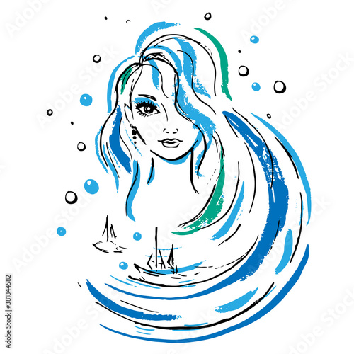 Bright colorful marine girl with long hair with waves and ship, bubbles. Ocean sea nymph, mermaid . Woman symbol of element of aqua water. Hand drawn sketch, blue aquamarine, isolated on white. 