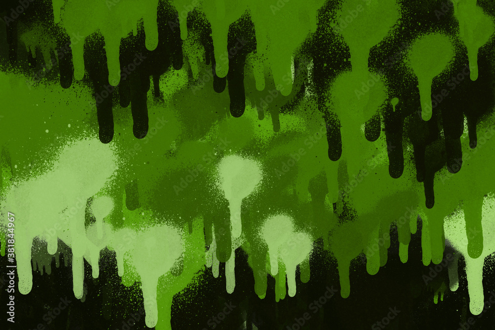 Green spray paint ink texture. Graffiti painting on the wall. Street art and vandalism. Digitally airbrushed paper background.