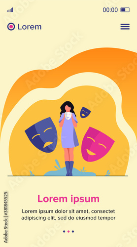 Person covering emotions, searching identity. Woman trying on carnival masks with happy or sad expressions. Vector illustration for psychology, mood changes, personality concept