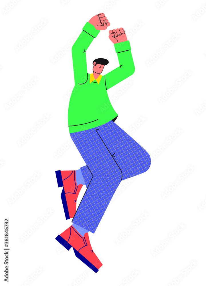 Happy jumping young man in a sweater, jeans, shoes on white background. Cheerful person. Flat cartoon geometric style in bright colors. People positive emotions concept. Vector illustration. Happy jumping young man in a sweater, jeans, shoes on white background. Cheerful person. Flat cartoon geometric style in bright colors. People positive emotions concept. Vector illustration.