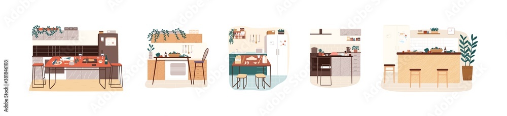 Set of different modern kitchen interiors vector flat cartoon illustration. Collection of furnishing cooking area in minimalist scandinavian style isolated. Comfortable hygge design Set of different modern kitchen interiors vector flat cartoon illustration. Collection of furnishing cooking area in minimalist scandinavian style isolated. Comfortable hygge design