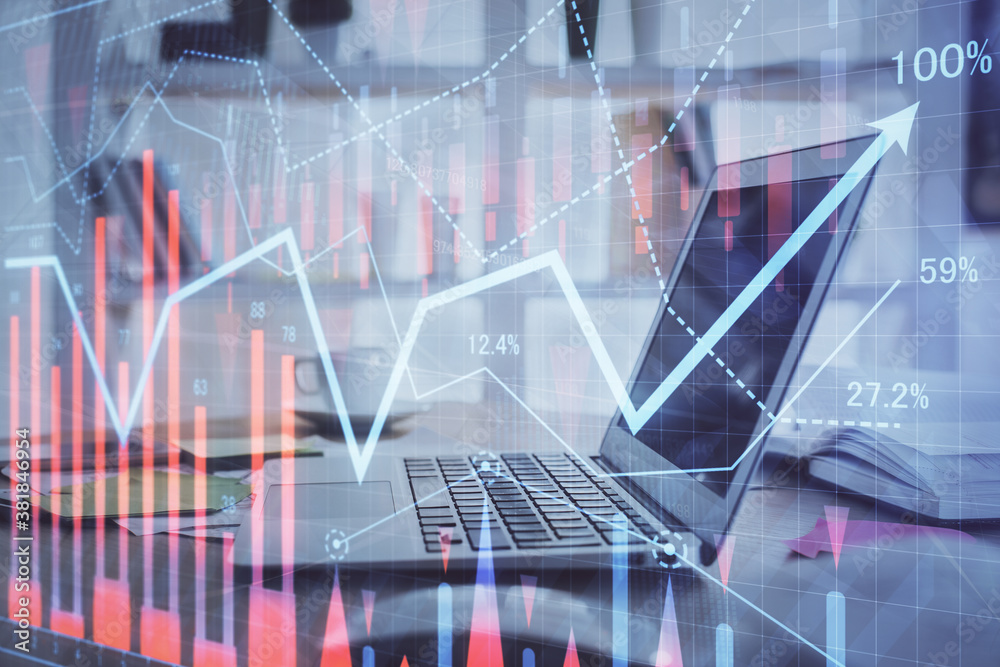 Stock market graph on background with desk and personal computer. Multi exposure. Concept of financial analysis. Stock market graph on background with desk and personal computer. Multi exposure. Concept of financial analysis.