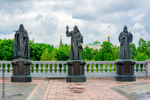 Statues of Russian patriarchs at Christ the Savior cathedral, Moscow, Russia photo