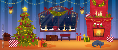Christmas holiday room interior with brick fireplace, decorated x-mas tree, presents, stockings, window. Winter cozy house indoor background with sleeping cat, garland, chimney. Vector Christmas room