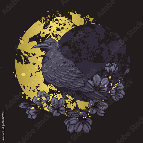 Illustration of a raven with dark flowers on a golden moon background