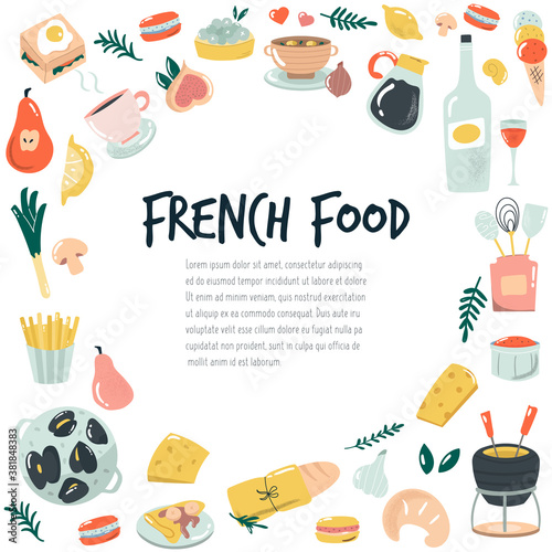 Hand drawn banner, background with French food. Delicious vector illustration