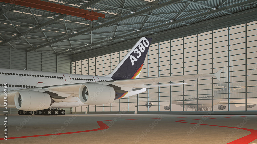 Empty Hangar with plane, Empty Factory Interior or Empty Warehouse. 3d rendering Empty Hangar with plane, Empty Factory Interior or Empty Warehouse. 3d rendering