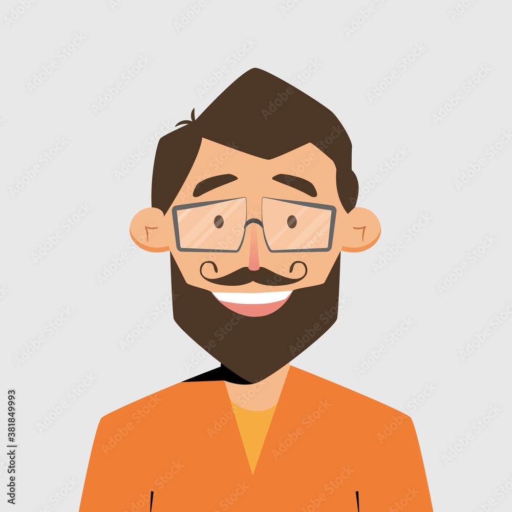 Avatar portrait of young man with beard and glasses. Vector illustration in flat style