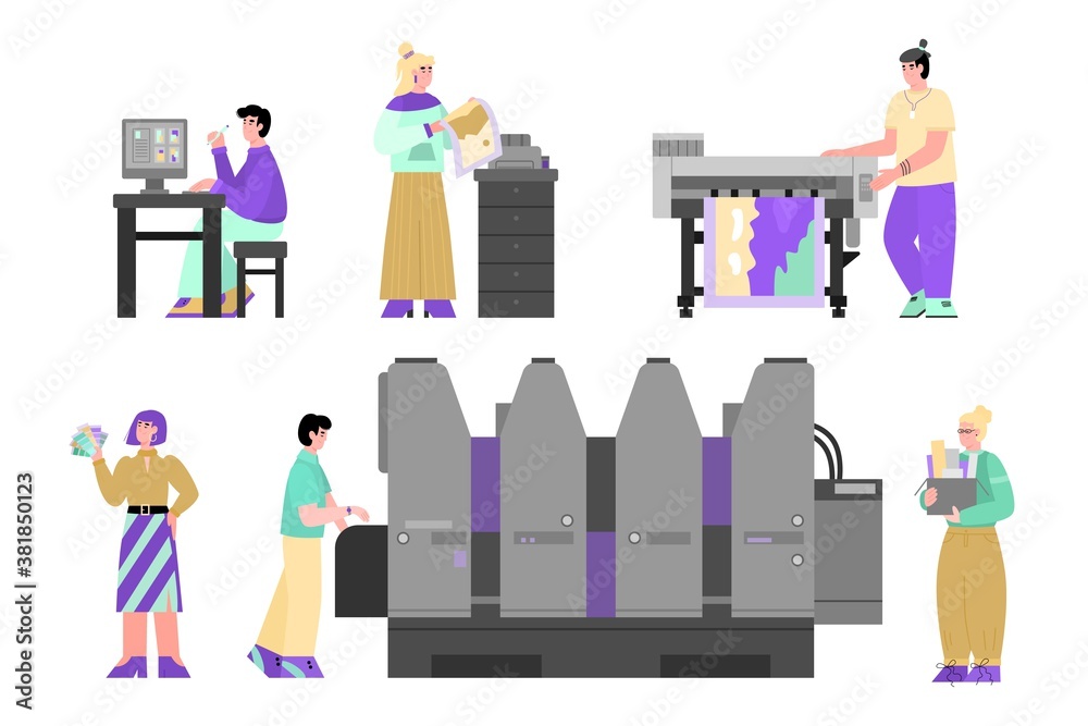 Offset printing service with professional equipment. Typography and publishing activities with printers, flat cartoon vector illustration isolated white background