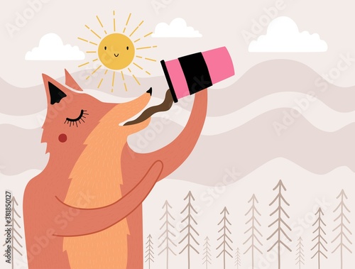Vector illustration with fox drinking coffee, tea or hot chocolate. Doodle sun, clouds and pine trees background. Trendy print design with wild forest animal and hot drink