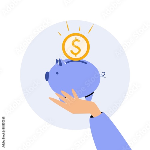 Hand holding piggy bank with dollar coin. Vector illustration in flat style. Concept of money saving, personal financing, investment