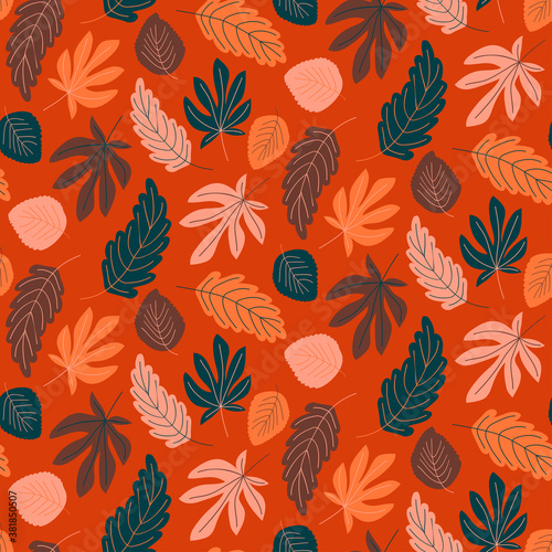 Seamless pattern with autumn maple, oak, and birch leaves. Flat cartoon colorful illustration. Vector EPS 10.