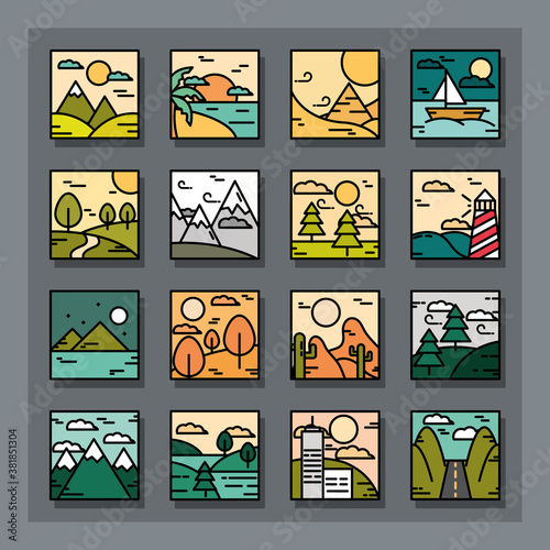 landscapes icons collection, nature mountains desert tropical sea boat lighthouse line and fill style