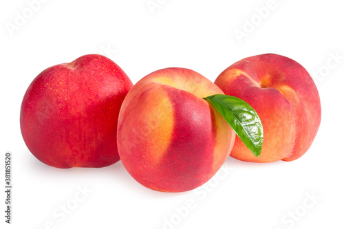 peach fruits with green leaf isolated on white background. full depth of field