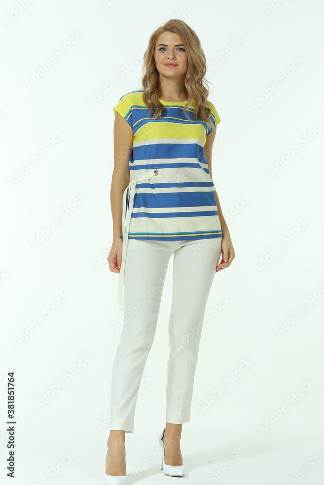blond business woman in official formal clothes trousers and short sleeve blouse high heels shoes blond business woman in official formal clothes trousers and short sleeve blouse high heels shoes