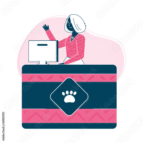 Counter desk in vet shop or veterinary clinic with friendly woman behind it, flat cartoon vector illustration isolated on white background. Services for pets treatment.