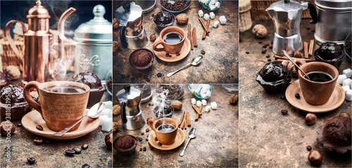 Collage mix set of Crafting coffee in clay cup with bean cezve and chocolate cake top view on grunge background. photo