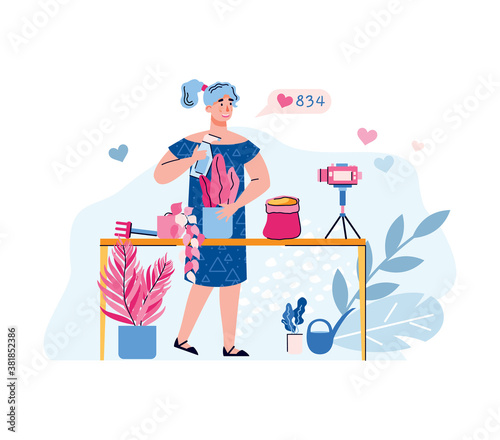 Blogger or vlogger woman shooting video about houseplanting or housekeeping, cartoon vector illustration isolated on white background. Online video tutorial or stream.