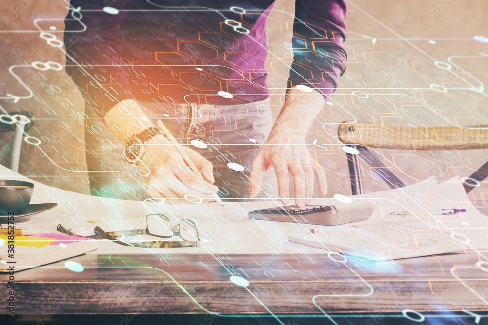 Man hands with data theme double exposure icons. Man hands with data theme double exposure icons.
