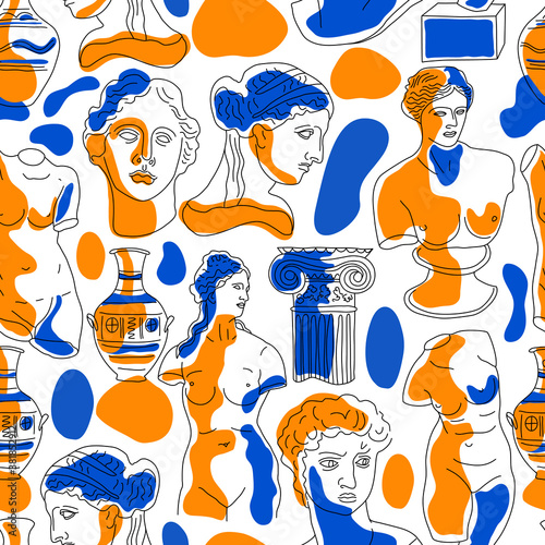Ancient Greece and Rome set tradition and culture vector seamless pattern. The linear trend of the ancient surface pattern, Ancient Greece and Ancient Rome.