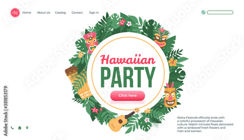 Aloha Hawaiian party website interface design with tropical leaves, flat vector illustration. Beach or pool summer party in hawaiian style organization.