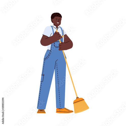 Janitor in uniform blue coverall with broom, cartoon vector illustration isolated on white background. Man cartoon character a member of cleaning team staff.