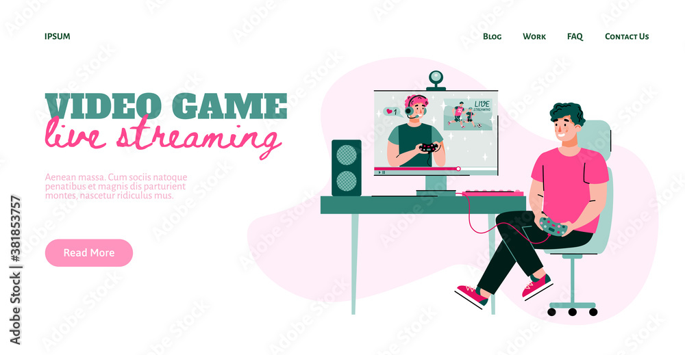 Video game life streaming website interface with cartoon characters of game blogger and gamer, flat vector illustration. Cyber sport broadcasting or blogging. Video game life streaming website interface with cartoon characters of game blogger and gamer, flat vector illustration. Cyber sport broadcasting or blogging.