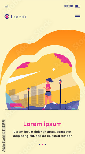 Runner training outdoors. Sporty girl running down city park pathway in morning. Vector illustration for health, active lifestyle, morning exercise, jogging concept