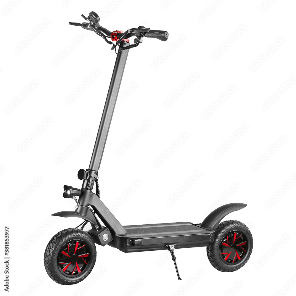 Folding Electric Isolated on White. Modern Adult Foldable 3600W Dual Motor E-Scooter One-Step for Commute & Travel Side View. Plug-In Vehicle with Step Through Frame Stock Photo Adobe