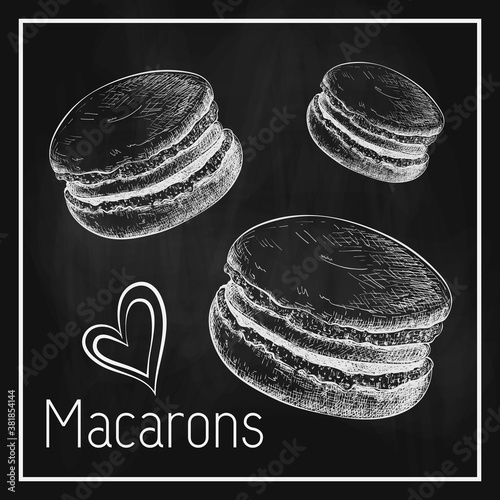chalk drawn cute macarons isolated on black chalkboard. vector chalk sketch of macaroons on blackboard. pastry illustration. Sweet dessert for label, logo, bakery menu, posters design. doodle set
