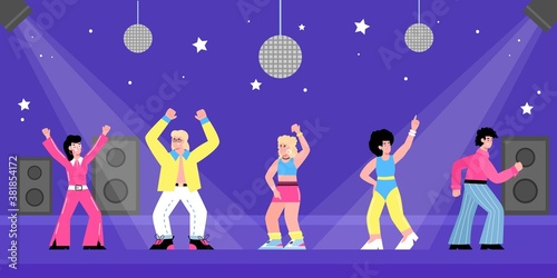 People having fun at 80s retro style party. People wearing 1980s costumes with shirts and wide pants dancing on dancefloor at nightclub, flat cartoon vector illustration