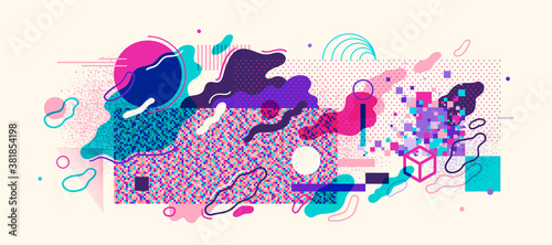 Abstract artistic background with various colorful geometric shapes and splashes. Vector illustration.