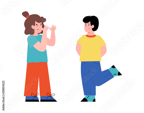 Little kid cartoon character teasing and taunting another, flat vector illustration isolated on white background. Children quarrel and a scene of bad behavior.