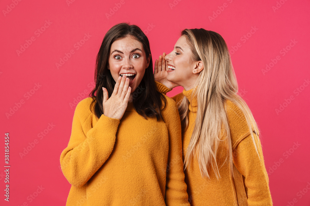 Image of beautiful woman whispering secret to her excited friend - obrazy, fototapety, plakaty 