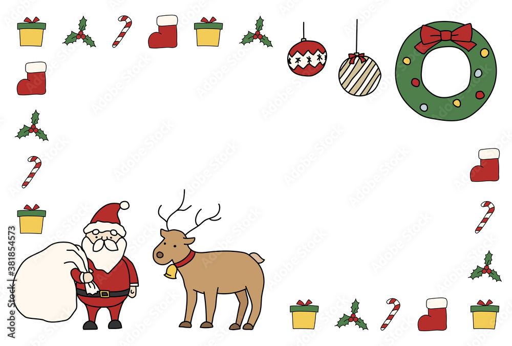 クリスマスのかわいいフレーム 手描き 飾り 枠 カード サンタクロース トナカイ Stock Vector Adobe Stock