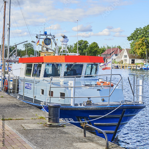 GREIFSWALD, GERMANY - Sep 01, 2020: Boat of the water police in the port of Greifswald. photo