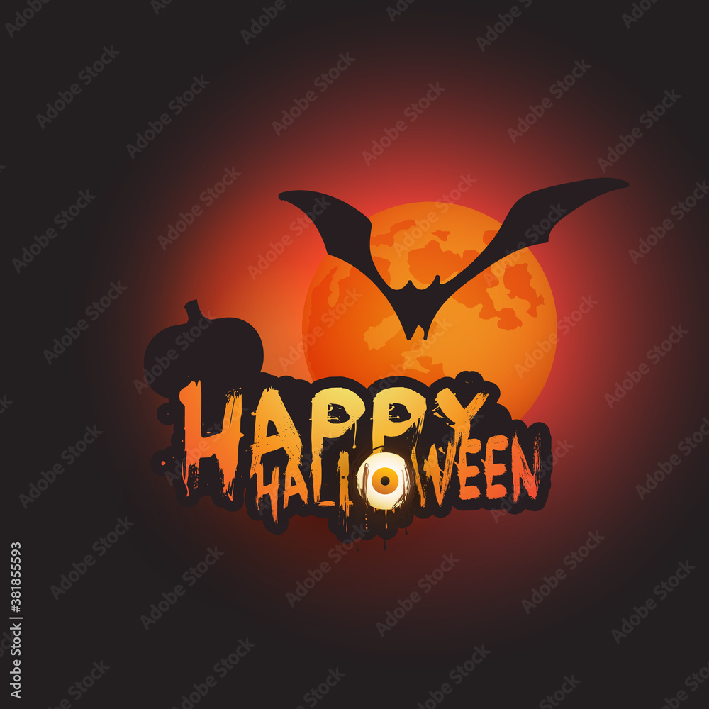 Happy Halloween Card Template with Flying Bat and Full Moon in the Darkness