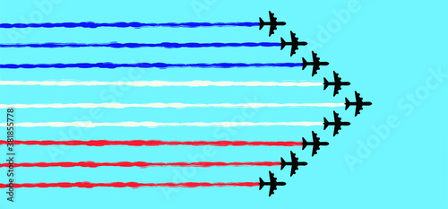 Happy Bastille Day with airplanes and air show in sky. French national holiday celebration. Flat vector sign with planes, trails in colors of the flag of France. "14 Juillet. Bonne fête Nationale, 14t