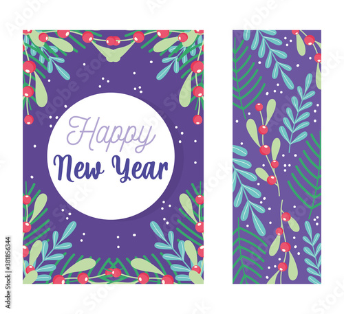 happy new year, banner decoration floral berries leaves celebration party, floral design