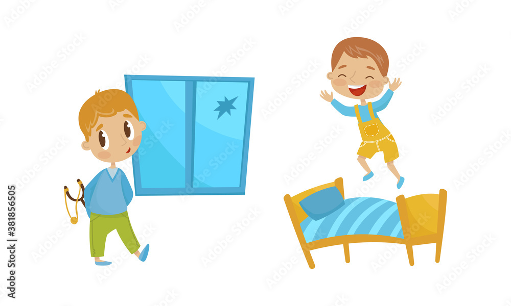 Naughty Boy Breaking Window with Forked Stick and Jumping on Bed Vector Illustration Set Naughty Boy Breaking Window with Forked Stick and Jumping on Bed Vector Illustration Set